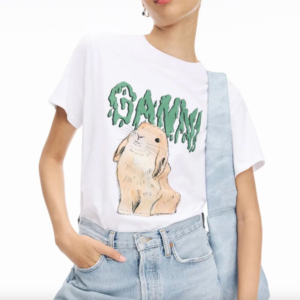 GANNI Bunny T-Shirt in White Cotton Graphic Tee Short Sleeve Medium M